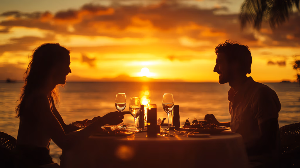 Couple enjoys romantic dinner sunset