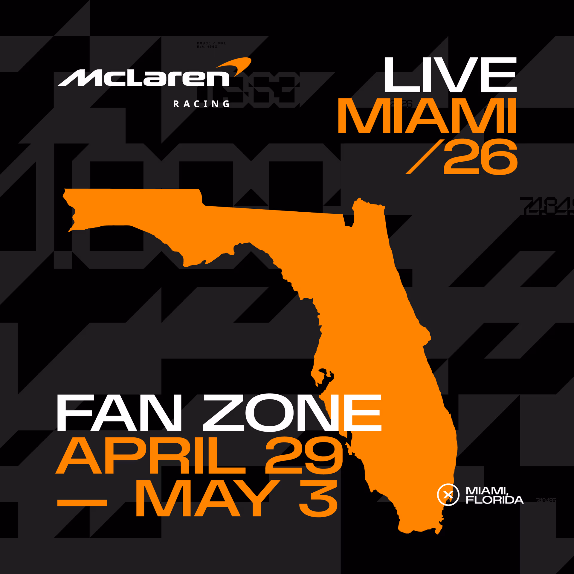 Poster for McLaren Racing Live Miami Fan Zone featuring an orange Florida silhouette on a black geometric background with bold white and orange text and the date April 29.